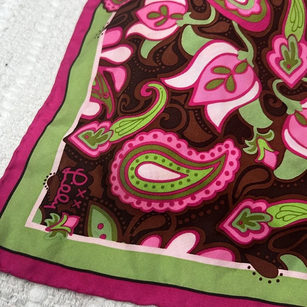 Vintage 100% Silk Mod Paisley Floral Scarf Pink Green Brown 18” Square